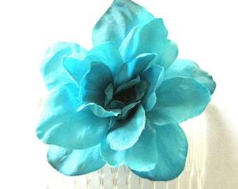 Full 5" AquaTurquoise Peony Silk Flower Hair Clip,Rockabilly,Pin Up,Updo 
