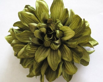 4.5" Variegated Olive Green Dahlia Poly Silk Flower Brooch Pin