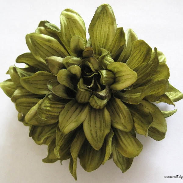 4.5" Variegated Olive Green Dahlia Poly Silk Flower Brooch Pin