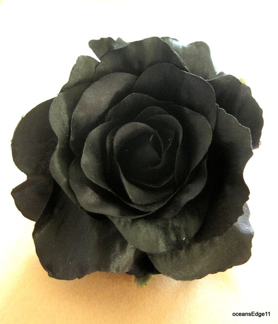 Black silk/satin Rose Hair Clip Large Black Fabric Flower Hair Clip: Wired Taffeta Rose  main image 3