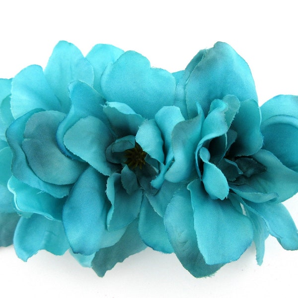 Triple Aqua Turquoise Blue Silk Apple Blossom Hair Clip