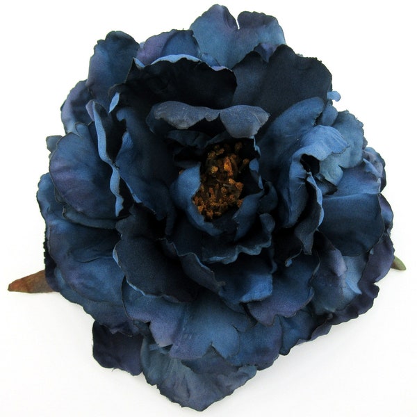 6" Deep Navy Blue Peony Poly Silk Flower Brooch Pin