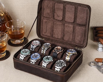 Engraved watch box 8 slots, Personalized leather watch box, Watch storage case, Leather watch case for men, Watch travel case,  Wedding Gift