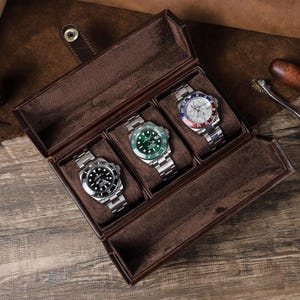 Embossed Leather watch case 3 slot, Double opening watch box, personalized watch leather storage case, vintage watch display box for men