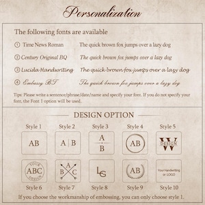 Puede incluir: Gr&aacute;fico beige con opciones de fuente y estilos de dise&ntilde;o para personalizaci&oacute;n. El texto incluye nombres de fuentes como Time News Roman y Century Original BQ, junto con opciones de dise&ntilde;o de Estilo 1 a Estilo 10, con iniciales y logotipos.