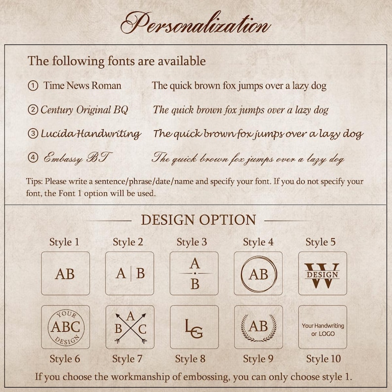 Puede incluir: Gr&aacute;fico beige con opciones de fuente y estilos de dise&ntilde;o para personalizaci&oacute;n. El texto incluye nombres de fuentes como Time News Roman y Century Original BQ, junto con opciones de dise&ntilde;o de Estilo 1 a Estilo 10, con iniciales y logotipos.