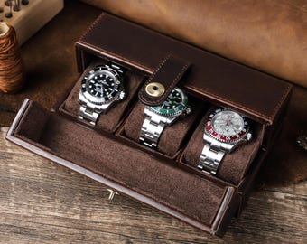 Engraved leather watch case 3 slot, Double opening watch display box, Personalized watch storage organizer for men, Anniversary Gift