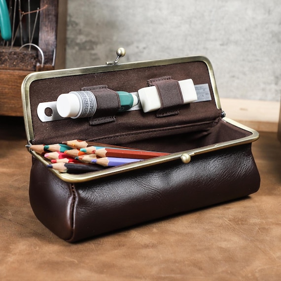 Personalized pencil pouch storage frame bag, Leather stationery case, Fountain pen pouch，Gift for pen lovers student