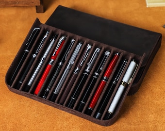 Personalized pen storage case, 12 fountain pen case, Leather pen case, Travel pen organizer, Crazy horse leather pen holder, Gift for men