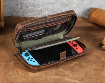 Handcrafted Leather Nintendo Switch Organizer Travel Case with Game Card Slots & Cable Pocket– For Gen 1 Gen 2 V1 V2 OLED Lite Version