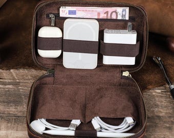 Personalized Leather Tech Organizer, Travel Cable Storage Case