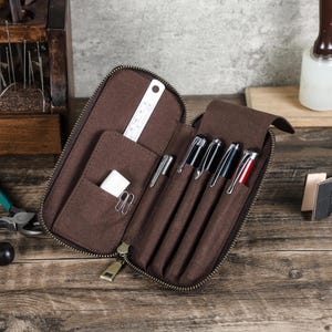 Personalized fountain pen pouch, Leather zippered pen holder, Travel 4 pen case, Business card & pen storage case, Graduation gift