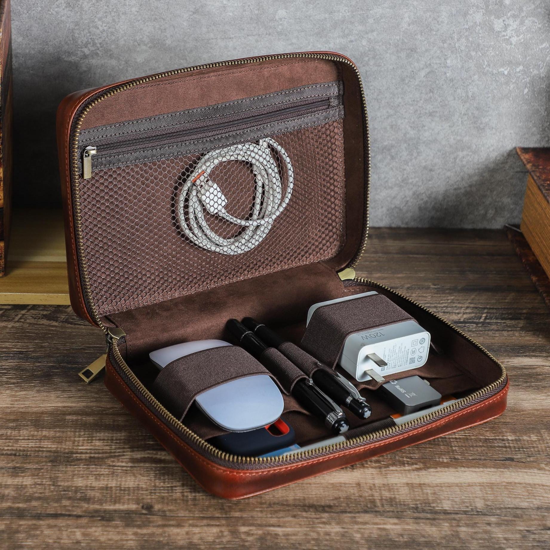 Leather Data Cable Storage Case, Tech Organizer for Mouse Charger USB, Personalized Electronics Accessories Travel Case, Celebration Gift