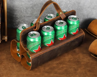 Personalized 4 6 8 Pack Beer Carrier Leather, Drink Holder for Bottled Beverages, Leather Gift for Beer Lover