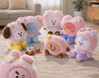 BTS BT21 Cherry Blossom Series Plush Keychain, Bangtan Boys Kpop Animal Costume Doll Charm, Cute ARMY Bag Accessory, BTS Fan Gift