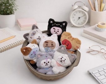 BTS Bt21 Cat Day Series Plush Keychain, Bangtan Boys Kpop Animal Costume Doll Charm, Cute ARMY Bag Accessory, BTS Fan Gift