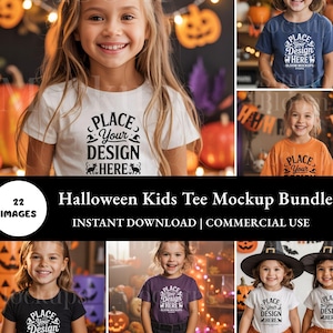 High-resolution Halloween-themed kids t-shirt mockup bundle featuring smiling children in festive fall backdrops wearing various colored tees; perfect for displaying your custom designs.