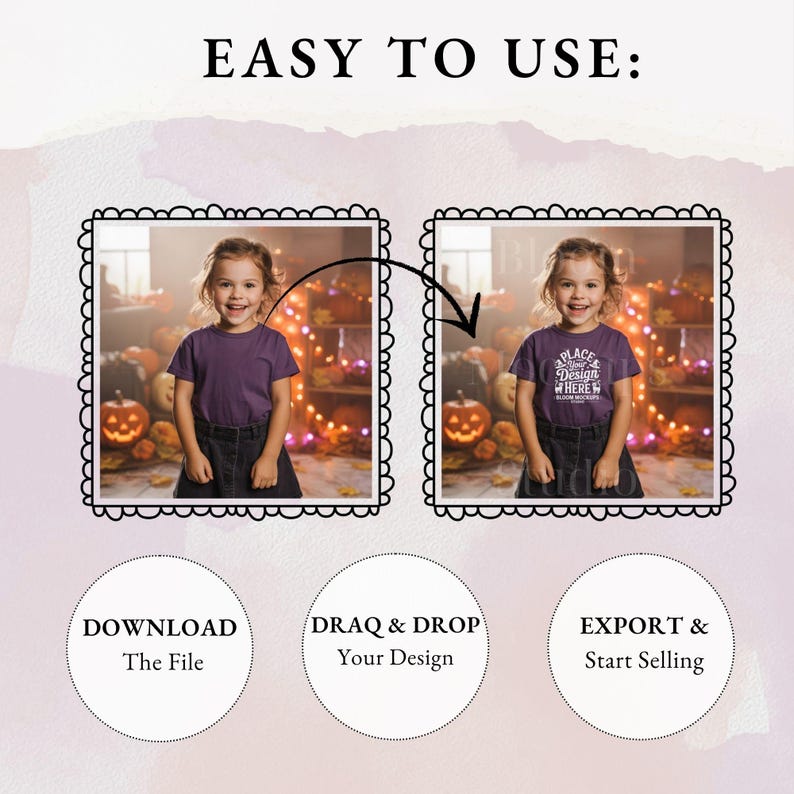 Op de afbeelding: Een afbeelding met de tekst "EASY TO USE:" en drie stappen: "DOWNLOAD The File", "DRAQ & DROP Your Design" en "EXPORT & Start Selling". De afbeelding toont een kind met een paars t-shirt met de tekst "PLACE Design HERE".