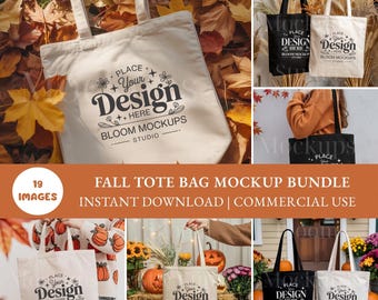 Fall Tote Bag Mockup Bundle: Autumn Scene, Commercial Use (Instant Download, 19 JPGs)
