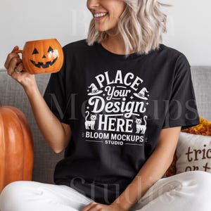 Halloween T-Shirt Mockup | Bella Canvas 3001 Black Shirt Flat Lay | Fall Pumpkin Shirt Mockup | JPEG Digital Download