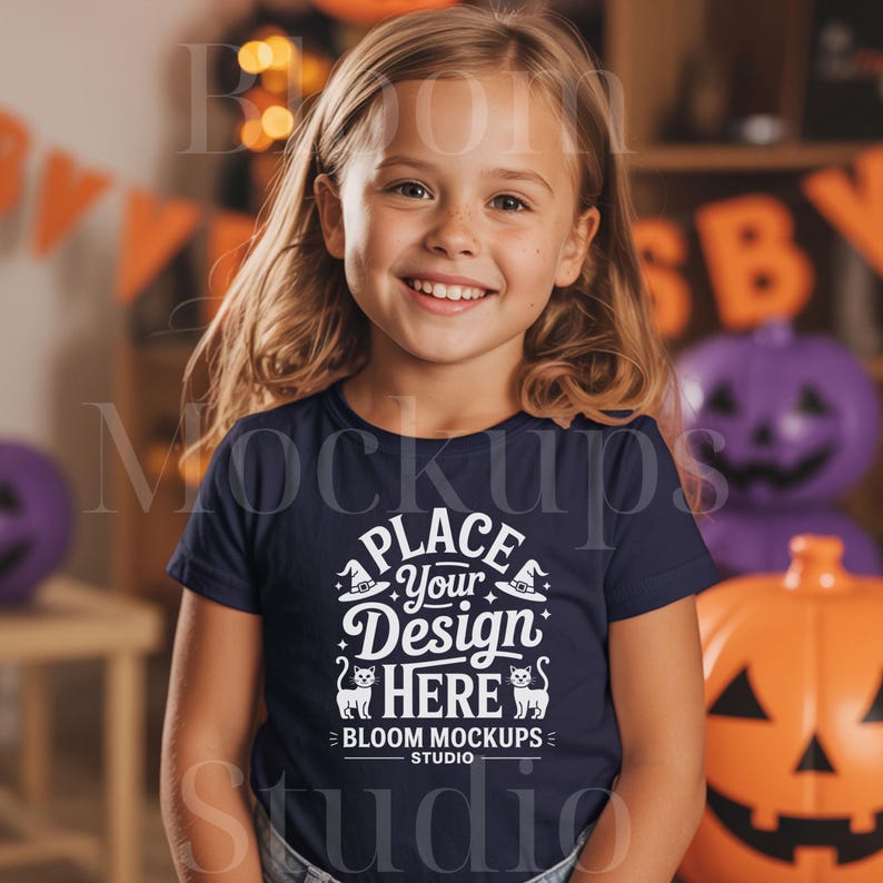 Op de afbeelding: Een marineblauw t-shirt met de tekst "PLACE Your Design HERE" in het wit, met heksenhoeden en kattenillustraties. Het shirt maakt deel uit van een Halloween-mockup, met oranje en paarse decoraties op de achtergrond.