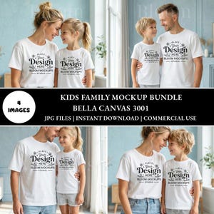 May include: A mockup bundle featuring white t-shirts with a floral design and the text "Place Your Design Here". The image shows families and children wearing the shirts. The text "Kids Family Mockup Bundle" is also visible.