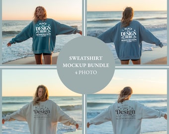 Gildan 18000 Sweatshirt Mockup Bundle | Beach Scene Lifestyle Mockups | Coastal Crewneck Mockup Pack | Instant Digital JPG Download