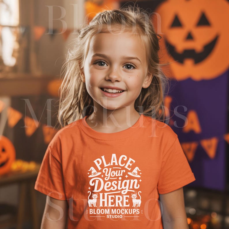 Op de afbeelding: Een lachend meisje draagt een oranje t-shirt met de witte tekst "PLACE YOUR DESIGN HERE". Het ontwerp bevat een heksenhoed, sterren en kattenillustraties. De achtergrond bevat Halloween-decoraties.
