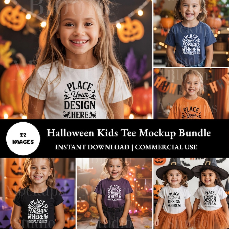 High-resolution Halloween-themed kids t-shirt mockup bundle featuring smiling children in festive fall backdrops wearing various colored tees; perfect for displaying your custom designs.