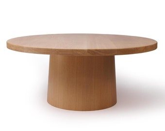 Round White Oak Coffee Table, Solid Wood Drum Base