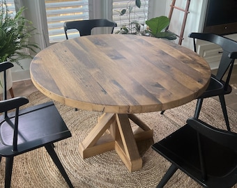 Reclaimed Oak Round Dining Table - French Trestle Pedestal, Custom Made