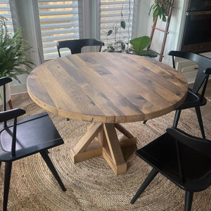 French Trestle Round Pedestal Wooden Dining Table - Reclaimed Oak Barnwood - Wood Table - Kitchen Table - Custom Made Dining Room Furniture
