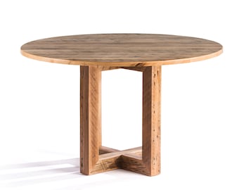 Round Reclaimed Wood Dining Table, Pedestal Base