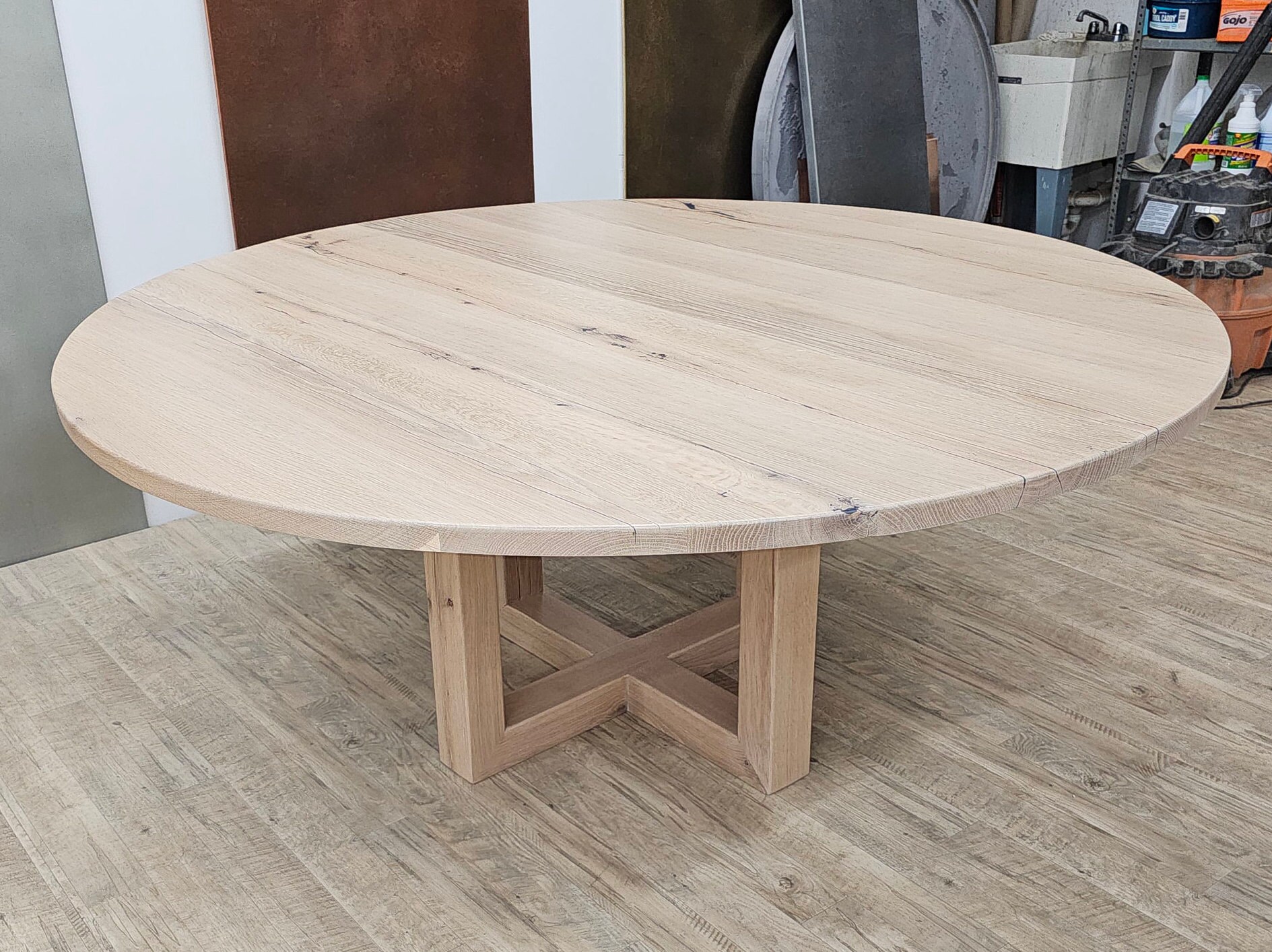 Round White Oak Dining Table, Rustic Pedestal Base - Etsy