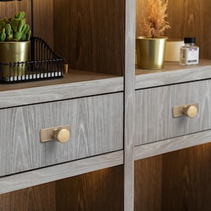 Puede incluir: Primer plano de un mueble de madera con dos cajones. Cada caj&oacute;n tiene un pomo cil&iacute;ndrico dorado con una placa trasera rectangular. El mueble es de color gris claro con un patr&oacute;n de vetas de madera. Peque&ntilde;as plantas en macetas y objetos decorativos.