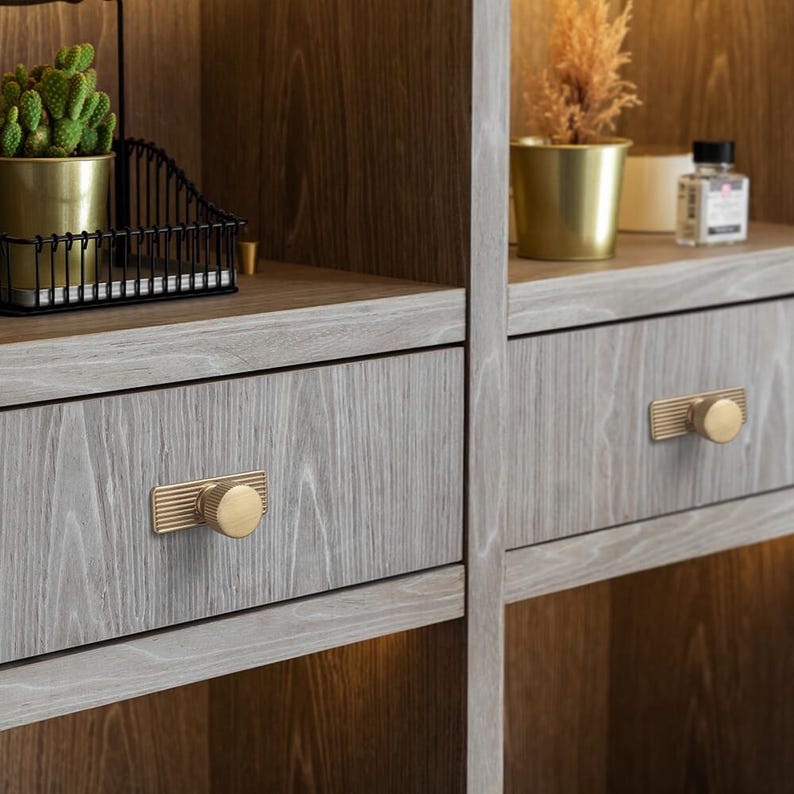 Puede incluir: Primer plano de un mueble de madera con dos cajones. Cada caj&oacute;n tiene un pomo cil&iacute;ndrico dorado con una placa trasera rectangular. El mueble es de color gris claro con un patr&oacute;n de vetas de madera. Peque&ntilde;as plantas en macetas y objetos decorativos.