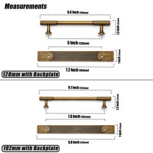 Puede incluir: Herrajes de gabinete de lat&oacute;n antiguo con medidas. Incluye un tirador de 168 mm, una placa trasera de 128 mm, un tirador de 184 mm, un tirador de 232 mm, una placa trasera de 192 mm y una placa trasera de 248 mm. Texto: "Measurements", "128mm with Backplate" y "192mm with Backplate".