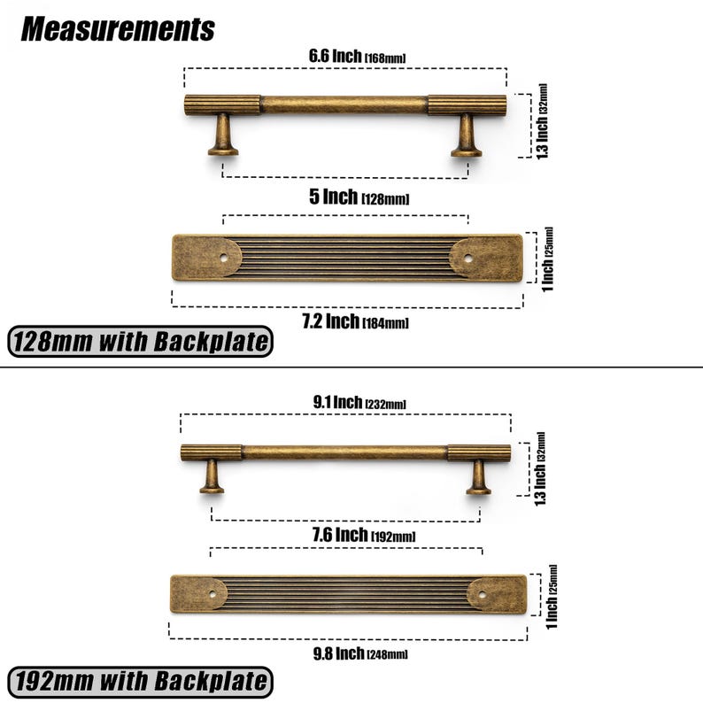 Puede incluir: Herrajes de gabinete de lat&oacute;n antiguo con medidas. Incluye un tirador de 168 mm, una placa trasera de 128 mm, un tirador de 184 mm, un tirador de 232 mm, una placa trasera de 192 mm y una placa trasera de 248 mm. Texto: "Measurements", "128mm with Backplate" y "192mm with Backplate".