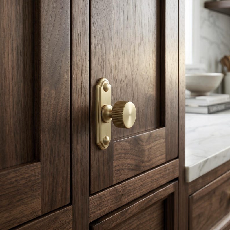 May include: Close-up of a brass cabinet knob with a ridged cylindrical handle and a rectangular backplate. The knob is mounted on a dark brown wooden cabinet door. The cabinet door has a recessed panel design.