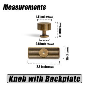 Puede incluir: Juego de pomo y placa trasera de color bronce. El pomo mide 28 mm de alto y 19 mm de ancho. La placa trasera mide 70 mm de largo y 25 mm de alto. El texto "Knob with Backplate" est&aacute; debajo.