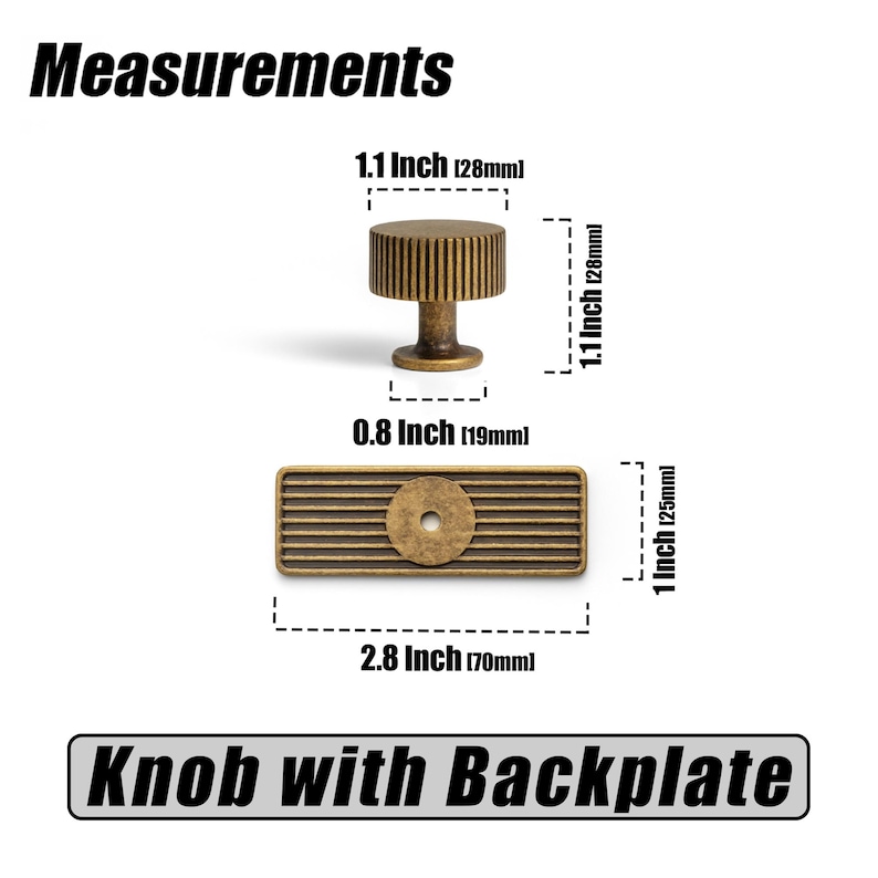 Puede incluir: Juego de pomo y placa trasera de color bronce. El pomo mide 28 mm de alto y 19 mm de ancho. La placa trasera mide 70 mm de largo y 25 mm de alto. El texto "Knob with Backplate" est&aacute; debajo.