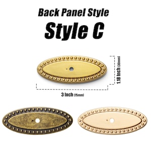 May include: Oval-shaped brass cabinet pulls, 3 inches long and 1.18 inches high, with a beaded border. The image shows three different finishes: brass, antique brass, and a lighter brass tone. Text reads "Back Panel Style Style C".