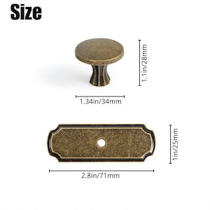 May include: Antique bronze cabinet hardware set. Includes a round knob, 1.34 inches (34mm) wide, and a rectangular backplate, 2.8 inches (71mm) long. The set is designed for furniture and cabinet doors.