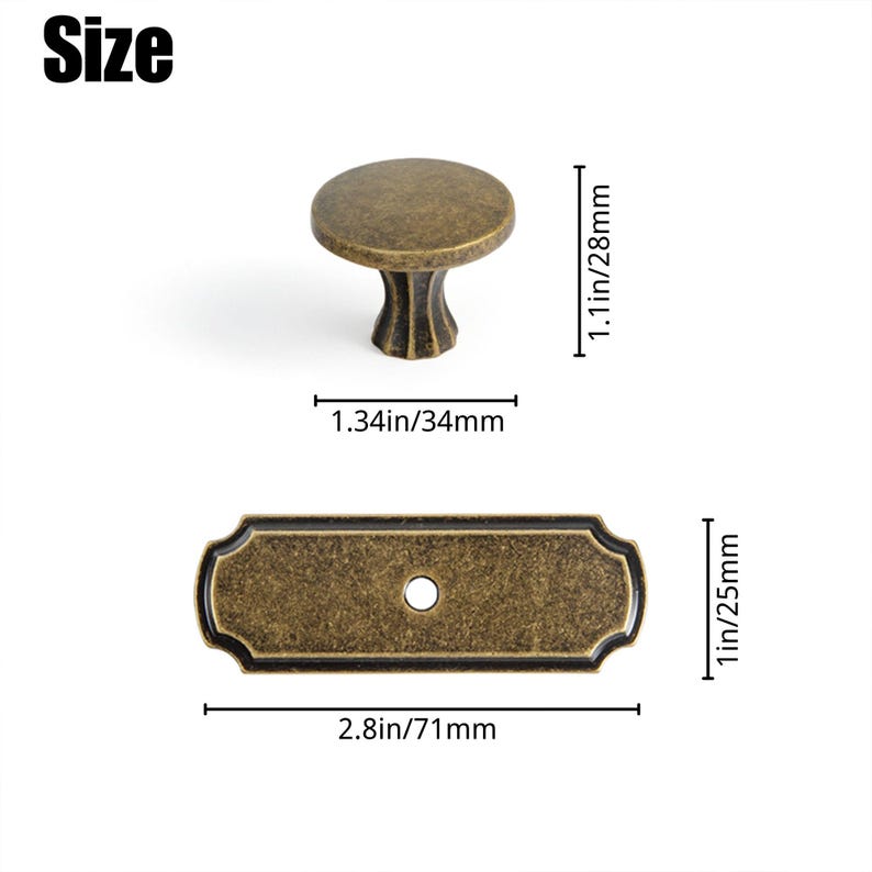 May include: Antique bronze cabinet hardware set. Includes a round knob, 1.34 inches (34mm) wide, and a rectangular backplate, 2.8 inches (71mm) long. The set is designed for furniture and cabinet doors.