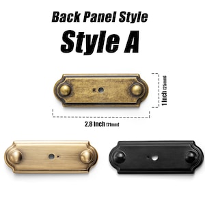 May include: Three cabinet pulls in different finishes: antique brass, brushed brass, and matte black. The pulls are rectangular with rounded ends and a small knob on each end. The text "Back Panel Style Style A" is at the top. The pulls are 2.8 inches (71mm) long and 1 inch (25mm) high.