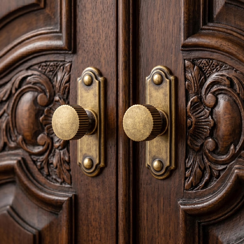 May include: Close-up of a dark brown wooden cabinet door with ornate carvings. Two antique brass door handles with round, ridged knobs are centered on the door panels. The handles are mounted on rectangular backplates.