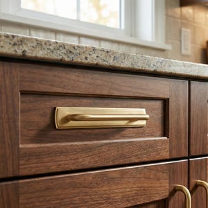 May include: Close-up of a dark brown wooden cabinet with a gold-coloured handle. The handle is rectangular and mounted horizontally on the cabinet door. The countertop above is speckled granite.
