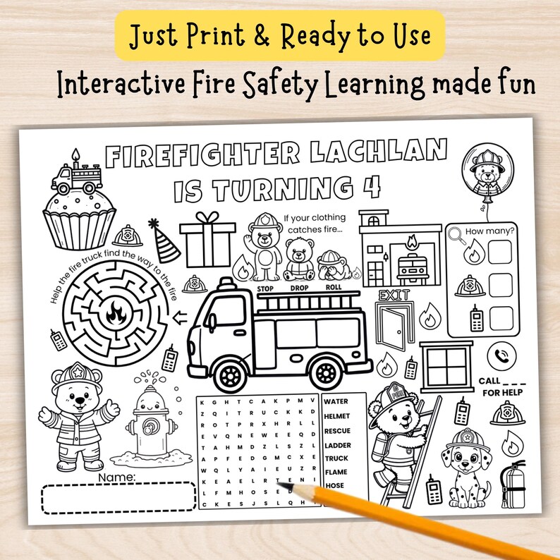 Editable Firefighter Birthday Activity Placemat: Fire Safety (digital ...