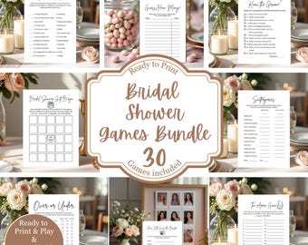 May include: A collection of printable bridal shower games, including "Disney Love Songs," "Guess How Many," and "Does the Bride Really Know the Groom?" The bundle includes 30 games, with ready-to-print and DIY editable options.