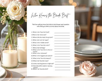 May include: A white bridal shower game card titled "Who Knows the Bride Best?" with fill-in-the-blank questions. The card is on a table with lit candles, roses, and a vase of flowers. The game is designed to test knowledge of the bride.